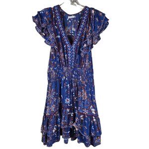 Poupette St Barth Blue Floral Sasha Mini Dress Smocked Waist Ruffle Resort S